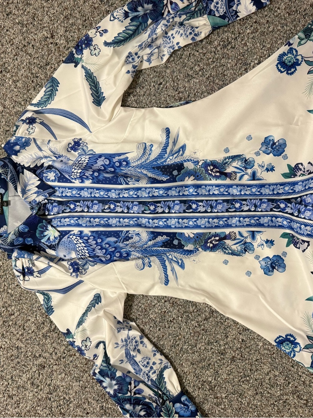 Fashion Nova Blue and Cream Floral Long Sleeve Dress